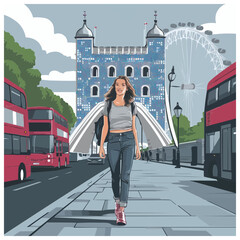 Girl walking in London landmarks as modern style illustration