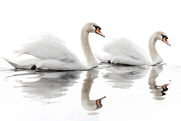 A pair of elegant swans gracefully gliding across a glassy pond, isolated on solid white background.