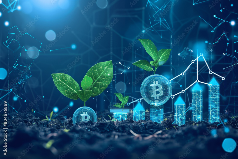 Poster a futuristic image of a plant with a coin and a graph