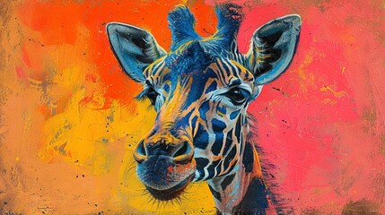 Obraz premium A giraffe's face painted on an orange, pink, yellow, and blue canvas