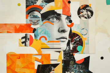 A collage of different shapes and colors with a person's face in the center