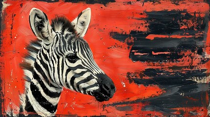 Obraz premium A captivating portrayal of a zebra's head against a vibrant red and black backdrop, adorned with expressive paint splatters