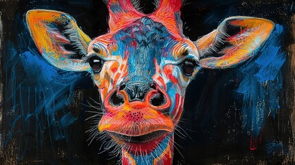   A vibrant painting of a giraffe's face, expertly blended with colored pencils and acrylic paints against a deep black canvas