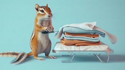 Obraz premium A squirrel stands beside a stack of folded clothes and a rack of folded shirts against a blue backdrop