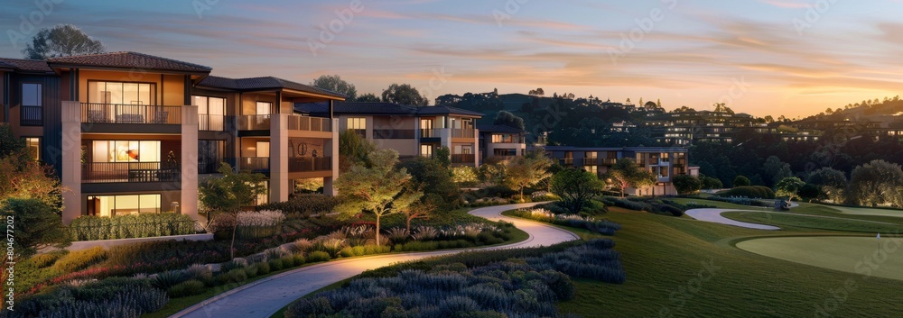 Poster rendering of an apartment complex on the edge of a golf course, showcasing modern architecture with 