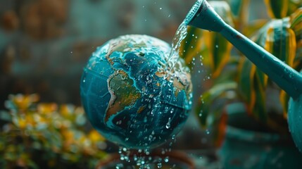 Watering Can Watering a Globe, Representing global efforts to combat climate change, close-up