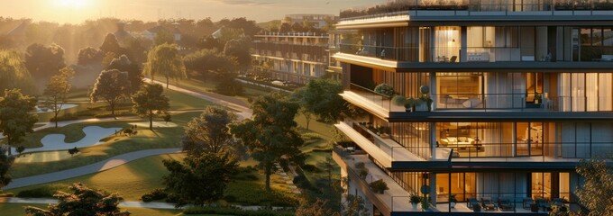 residential apartment building, modern style, with many floors high and large windows overlooking the golf course landscape Generative AI