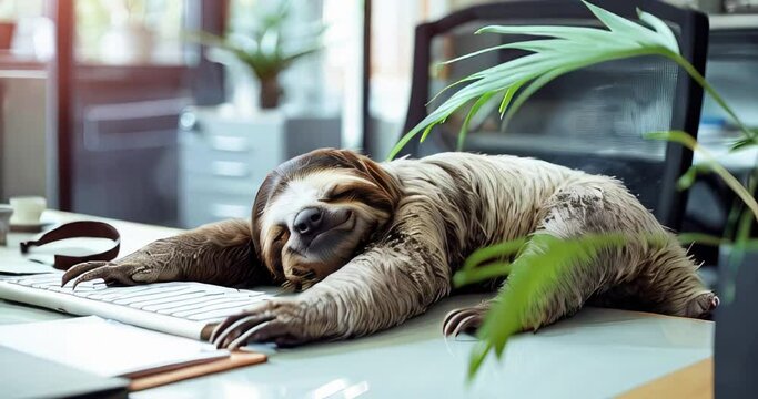 tired sloth sleeping at the table in the office. fatigue, laziness and slowness at work