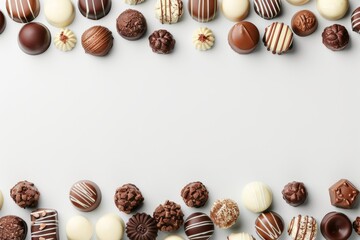 Obraz premium Assorted chocolates showcase diverse shapes, sizes, and flavors against minimalist backdrop