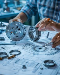 Engineer technician designing drawings mechanicalnbspparts engineering Engine13manufacturing factory Industry Industrial work project blueprints measuring bearings caliper tools