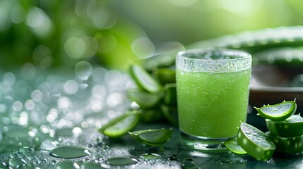 Frosty Aloe Vera Juice, Light Green, Soft Focus on Blurred Spa Background, Space for Health and Wellness Ads