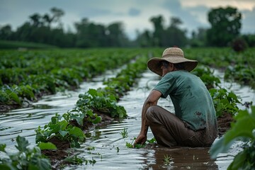 A moving image captures a farmer with tears in his eyes, standing helplessly in his flooded rice field under a dark, cloudy sky.