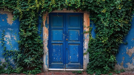 High-resolution image of an indigo painted door with peeling paint, overtaken by ivy in an old town