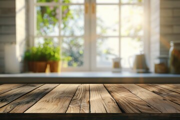 Wooden texture table top on blurred kitchen window background - generative ai