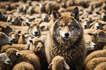 A wolf among sheep: a predator's portrait surrounded by a flock, staring into the camera, in its natural environment