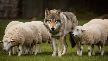 Obraz premium A wolf among sheep: The animal stares into the camera, surrounded by a flock of white sheep on green grass