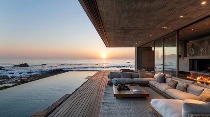 A large house with a pool and a fireplace overlooking the ocean. The pool is surrounded by a deck and the living room has a large couch and a coffee table. Scene is serene and relaxing