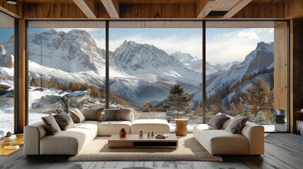 A large living room with a view of mountains. The room is decorated with white furniture and has a cozy, inviting atmosphere
