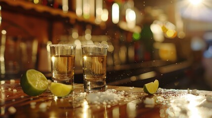 Tequila shots gleaming on a bar table accompanied by salt and lime embodying the essence of Mexico with its vibrant flavors and unmistakable charm