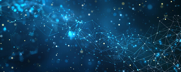 Obraz premium Starry night blue background with molecular technology network polygons connected in a pattern resembling a constellation, symbolizing connectivity and innovation.