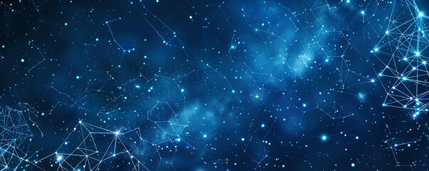 Starry night blue background with minimal molecular technology network tiny polygons connected in a pattern resembling a constellation, symbolizing connectivity and innovation.