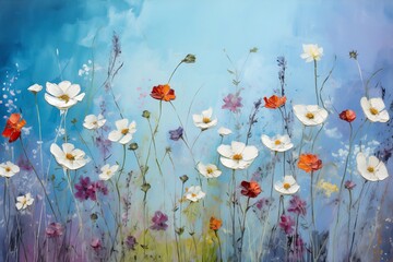 oil painting. wildflowers, daisies, butterflies on a blue background_4.