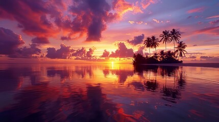 A beautiful sunset over the ocean with a palm tree in the foreground. The sky is filled with clouds and the sun is setting, creating a warm and peaceful atmosphere