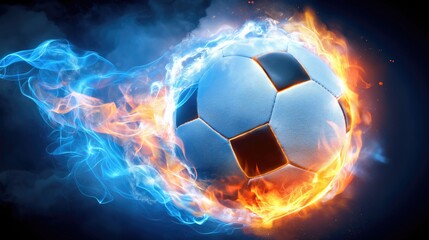 Soccer ball in fire flames on dark background. 3d illustration