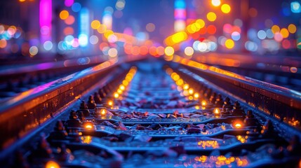    a train track with numerous lights on the opposite side and an out-of-focus cityscape in the backdrop