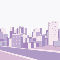 Light pink cityscape background, City buildings and trees at city view. Monochrome urban landscape with clouds in the sky. Modern architectural flat style