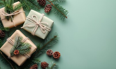 Wrapped gifts amidst fir branches and pinecones on a pastel green background