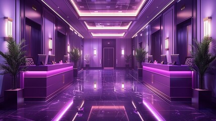 Simplified depiction of a financial services office with luxurious purple desks, perfect for business and finance magazines.