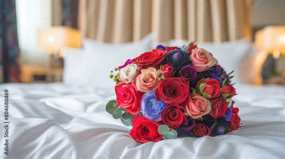 Sticker A vibrant wedding bouquet rests gracefully on a crisp white bed set against the backdrop of a lavish hotel room an exquisite gift fit for Valentine s Day or Mother s Day