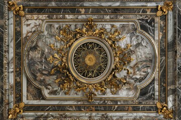 Fototapeta premium Lavish antique baroque, barocco ornate marble ceiling frame non linear reformation design. elaborate ceiling with intricate accents depicting classic elegance and architectural beauty