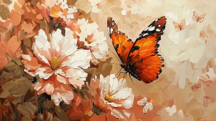 Flowers and butterfly. Oil painting. Beautiful peony and a fluttering butterfly. Orange tones and large brush strokes