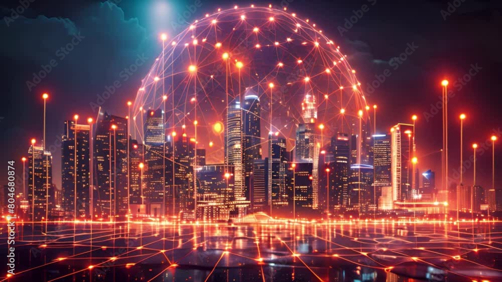 Poster A nighttime skyline with illuminated digital network overlay symbolizing connectivity.
