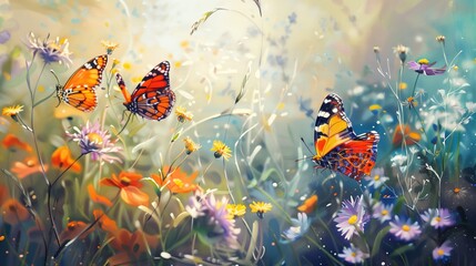 Flowers and butterflies in a summer meadow. Oil painting. Beautiful meadow flowers and a fluttering butterflies