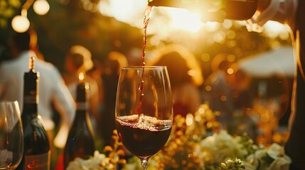Pouring red wine into glass on blurred nature background. AI generated illustration