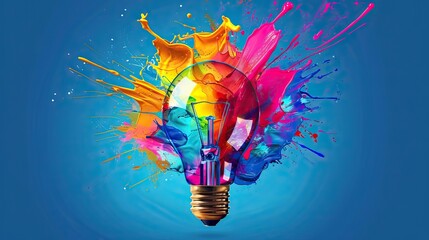 Creative light bulb explodes with colorful paint splashes and shards of glass on a black background. Think differently creative idea concept. Dry paint splatter. AI generated illustration. - obrazy, fototapety, plakaty