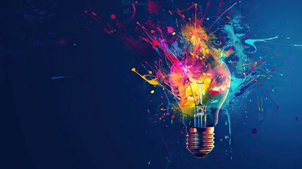 Creative light bulb explodes with colorful paint splashes and shards of glass on a black background. Think differently creative idea concept. Dry paint splatter. AI generated illustration.