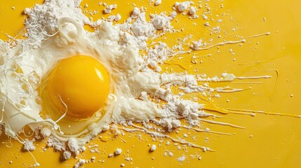   An egg lays on a yellowish surface with white dots and a small amount of milk drizzled on top of it