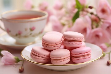 Obraz premium Macarons_ on a plate in pink and pastel colors decorated with flowers.