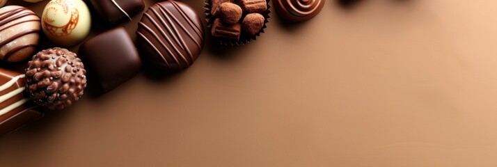 Delicious chocolate variety display on sleek background, perfect for text and branding opportunities