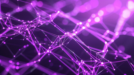Technological communication network with a purple digital mesh, illustrating seamless data interaction in a high-tech world.