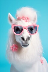 cute pony in sunglasses on a blue background