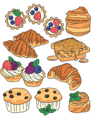  set of hand drawn sweet pastries with berries and mint