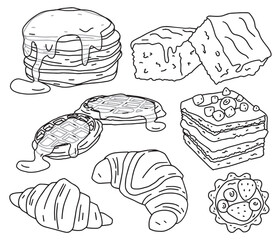 line drawing set of various sweet pastries 