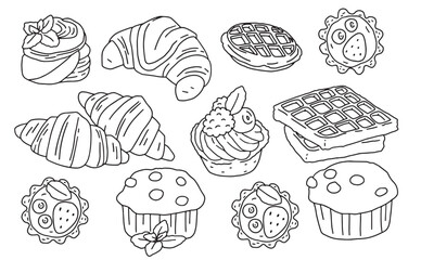 line drawing set of various sweet pastries