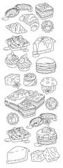 big vector set of drawn sweet pastries and desserts