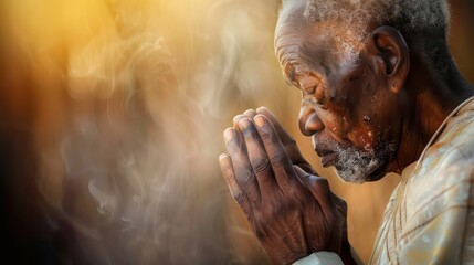 An elderly man of African ethnicity praying. Christian religious prayer and devotion banner with copy space